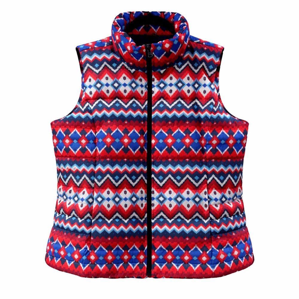 Lands’ End Down Puffer Vest XL 18 Red Blue Fair Isle Zip Winter Quilted Warm